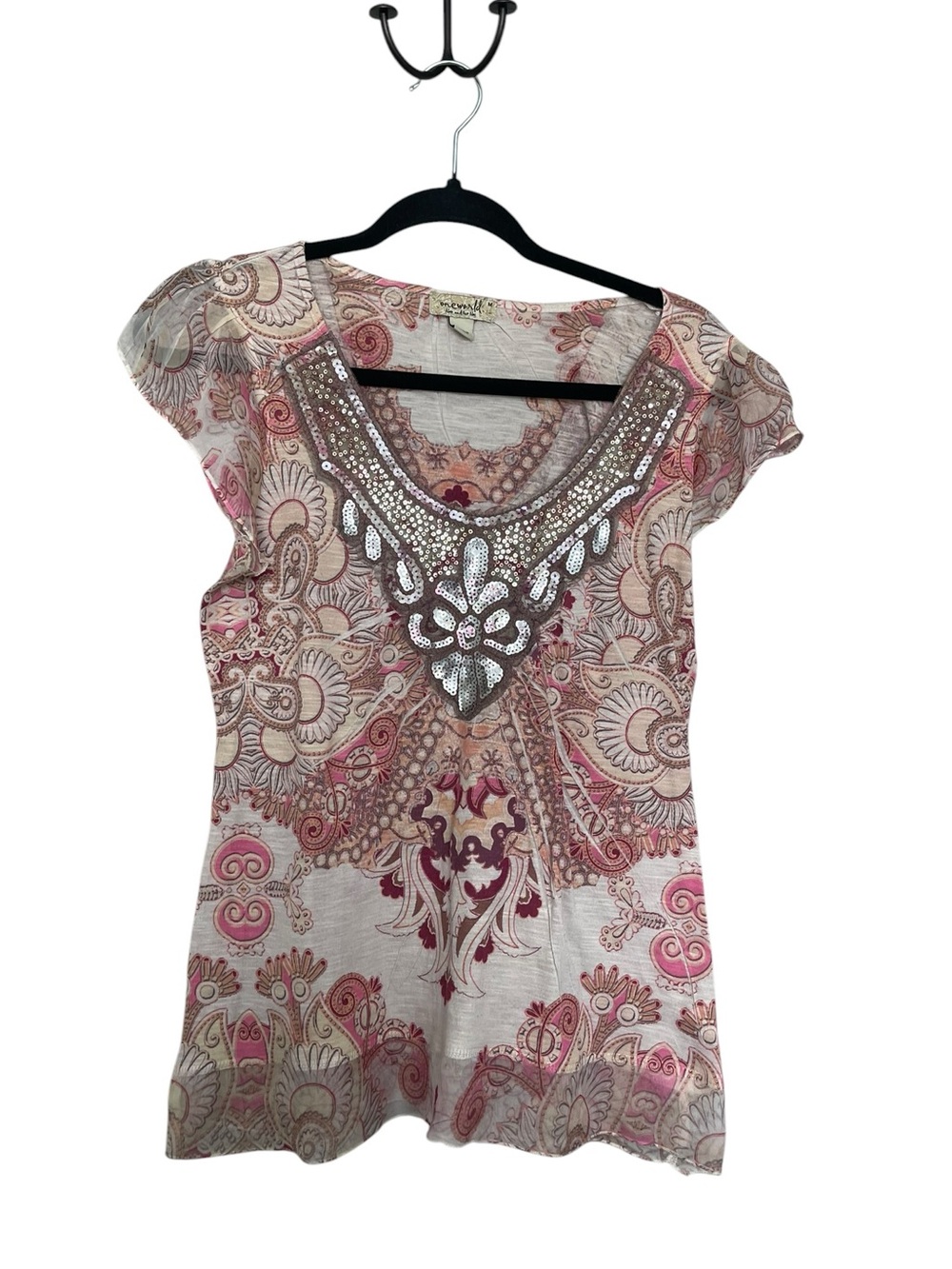 ONE WORLD Y2K Pink and Cream Paisley Scoop Neck Top with Sequin Detail
